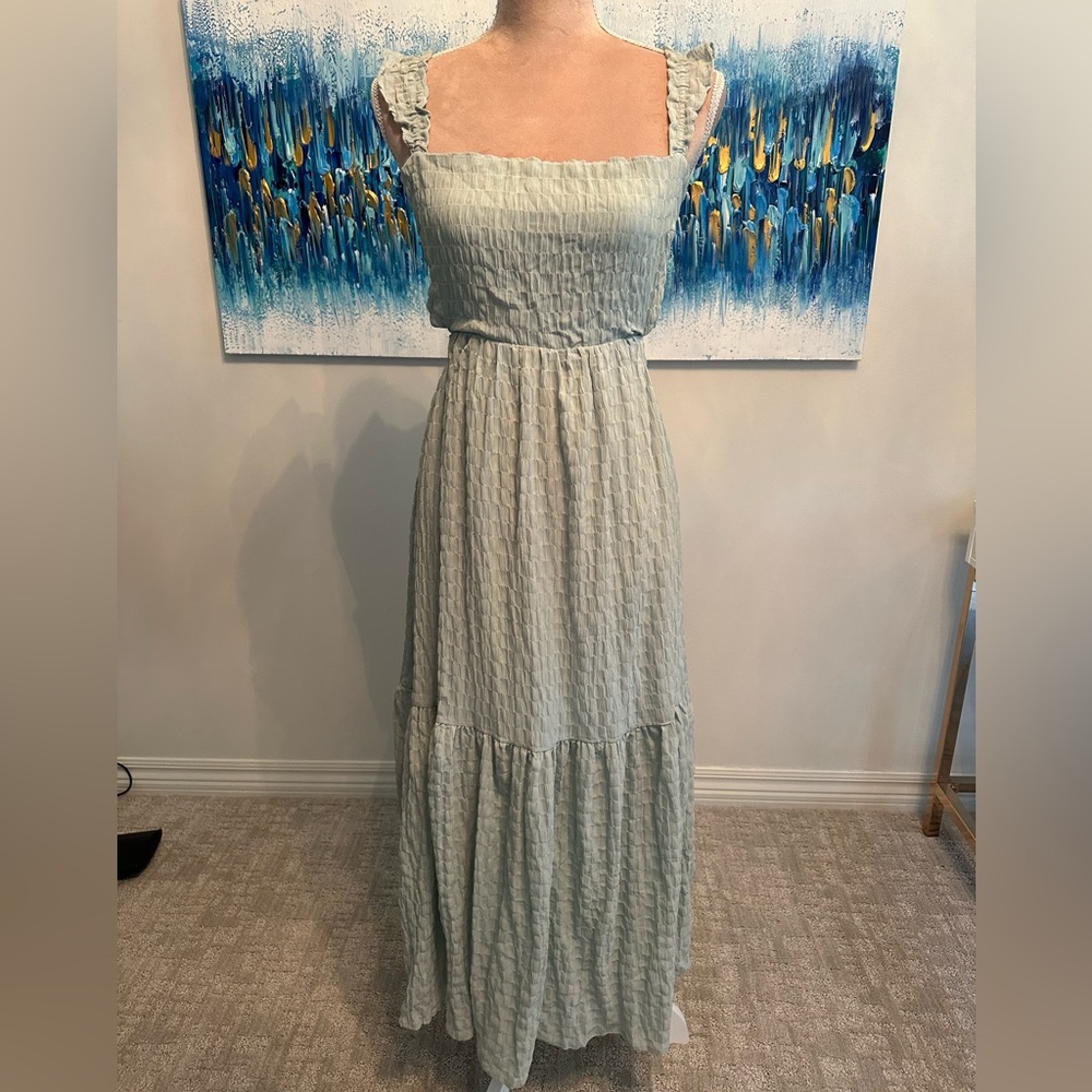 Lush Sage Green Open Back Midi Tiered Dress - NWT